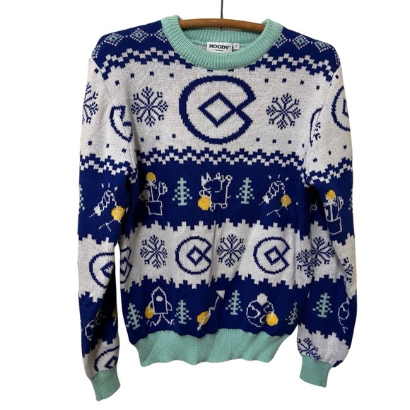 Roody Other - Roody Ugly Christmas Holiday Men's size Small Blue white Knit Sweater Snowflake